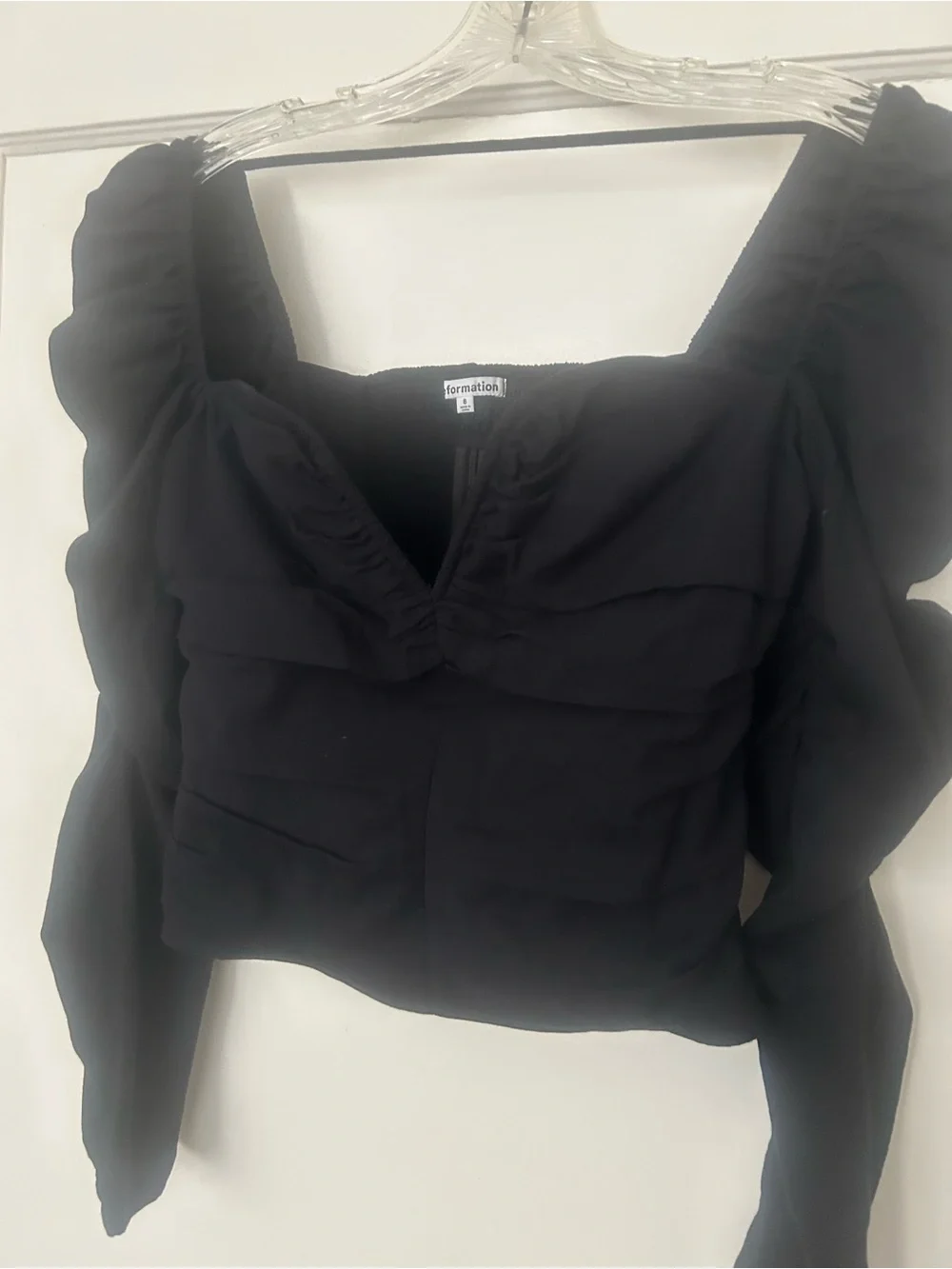 Reformation Black Square Neck Puff Sleeve Crop Top
